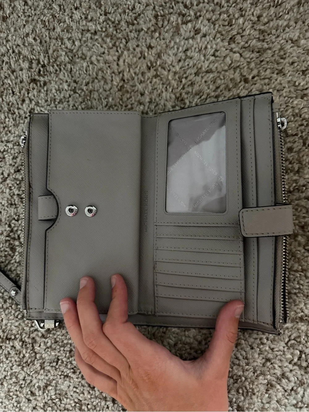 Michael Kors Cream and Light Gray MK Logo Wristlet with Black Strap